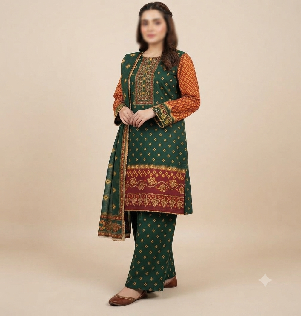 Ladies and girls 3-piece suit in cotton lawn fabric