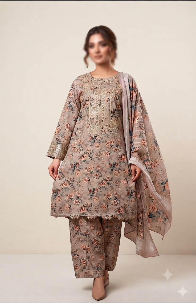 Designer 3-Piece Stitched Lawn Suit for Women
