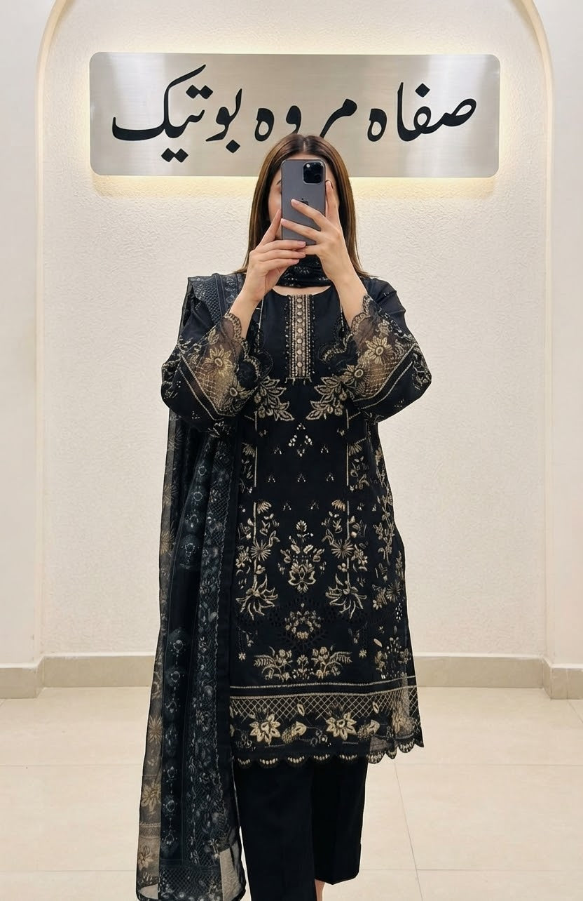 Winter Luxury: Premium Black Khaddar Cotton Long Dress (Medium Size)