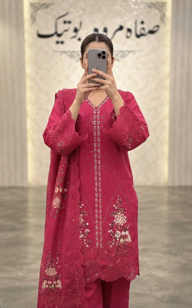 Elegant Shocking Pink Color Khaddar Cotton Long Length Party & Casual Dress (Medium Size)