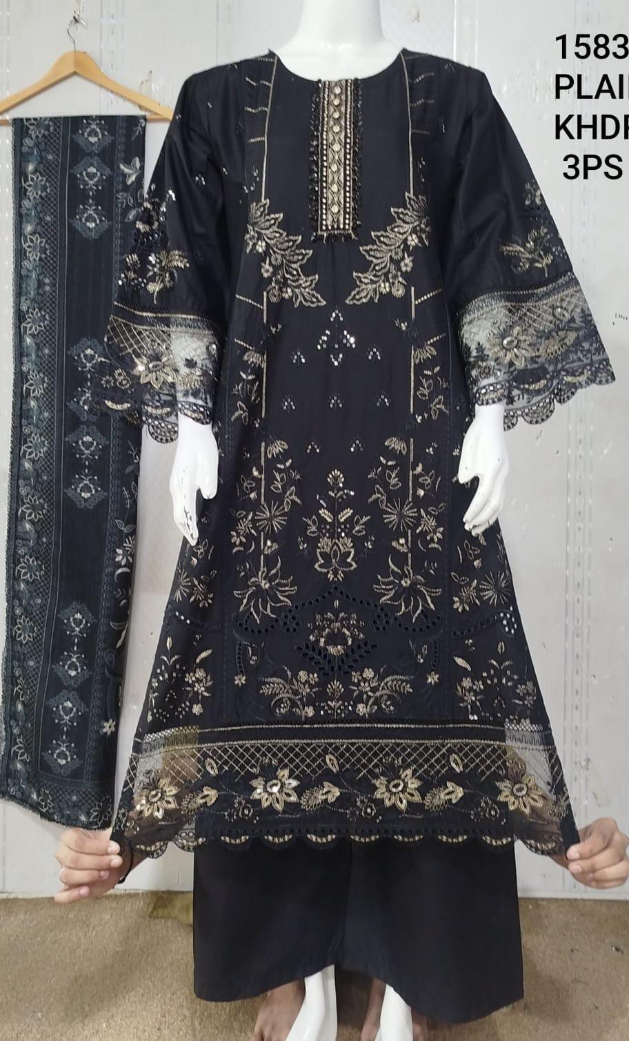 Winter Luxury: Premium Black Khaddar Cotton Long Dress (Medium Size)